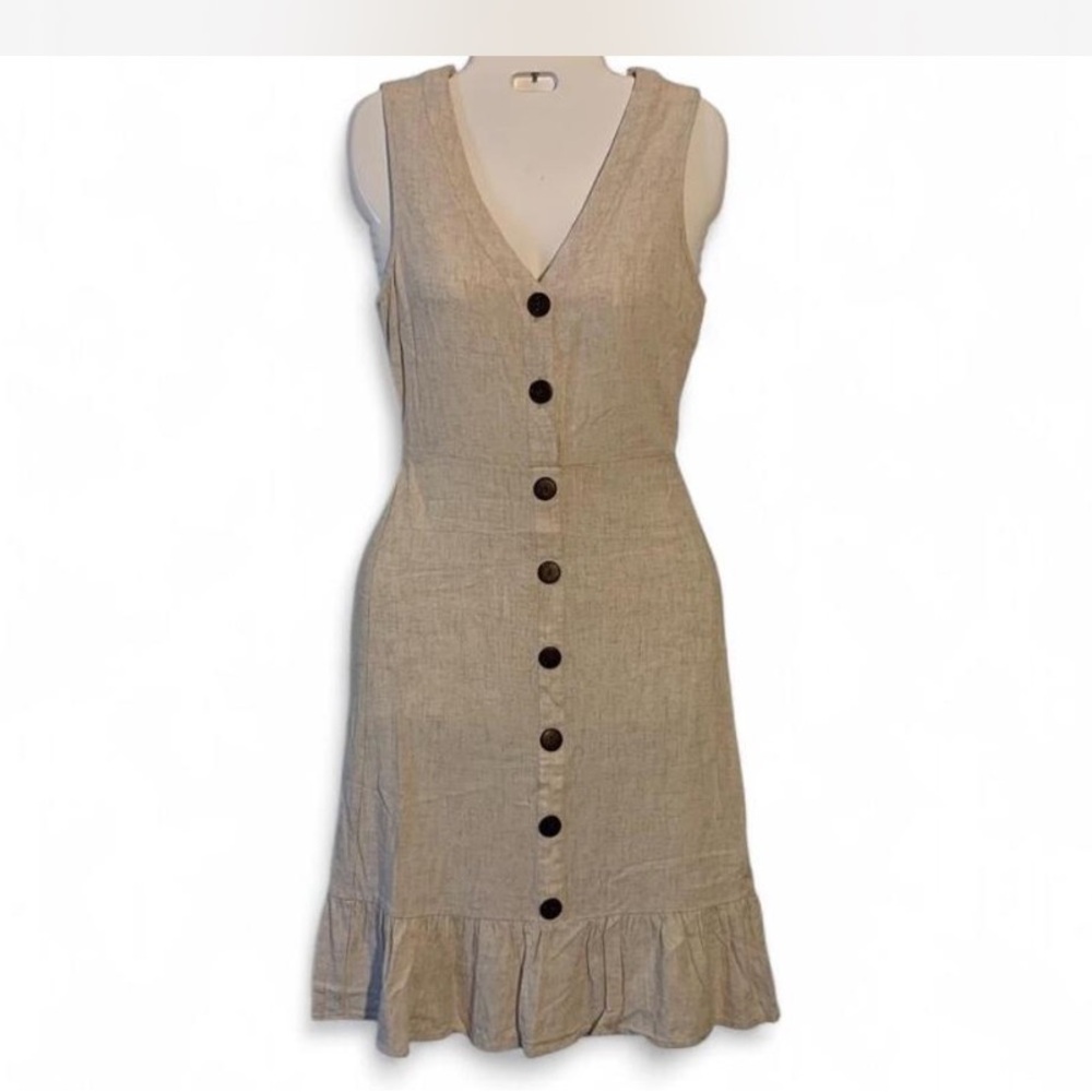 Women’s size small tan dress with ruffle hem and button front detail